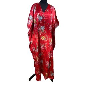 Winlar Red Floral Satin Kaftan V-Neck Long Loungewear Caftan Dress romantic